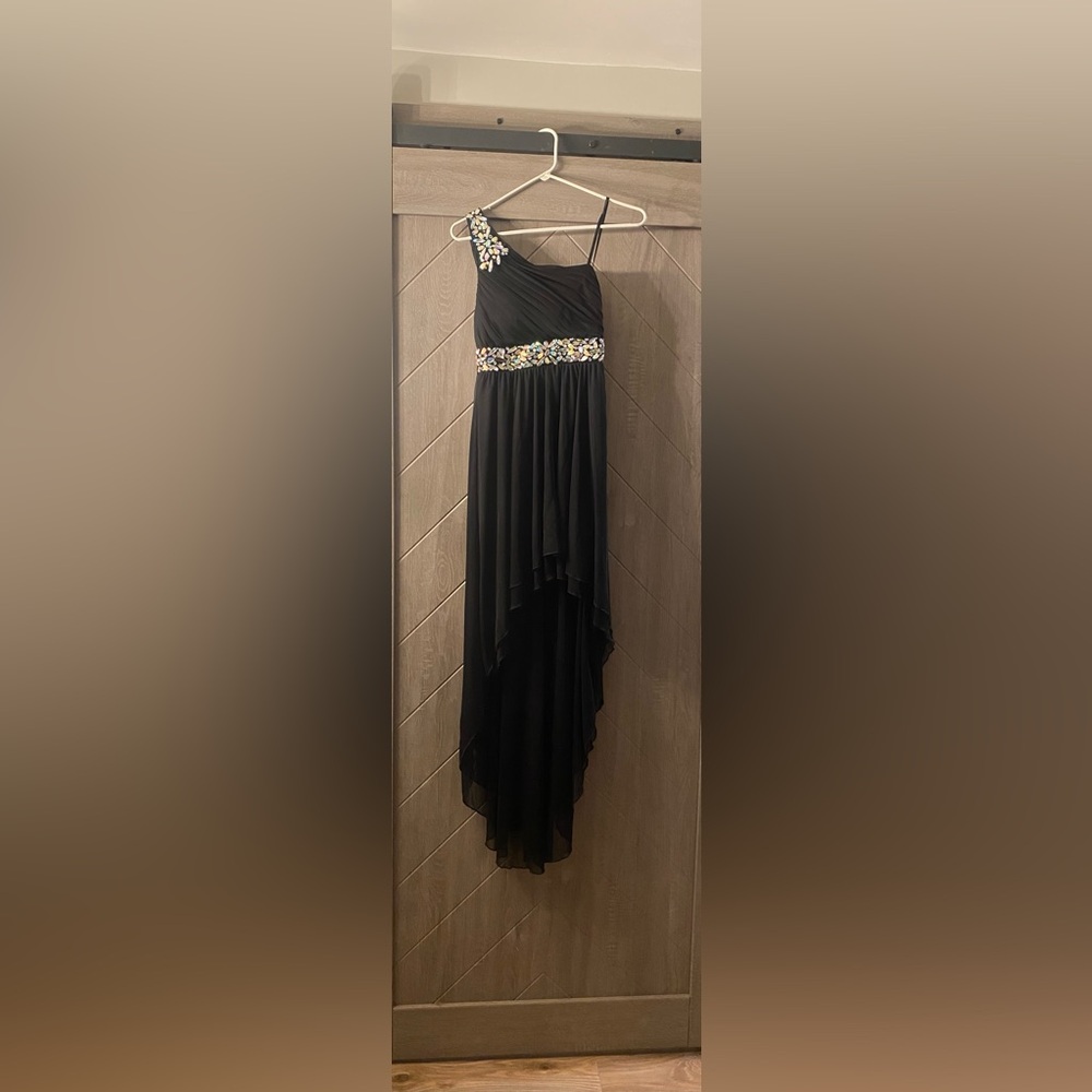 Black,one shoulder, jeweled on waistband and shoulder strap,high-low bottom